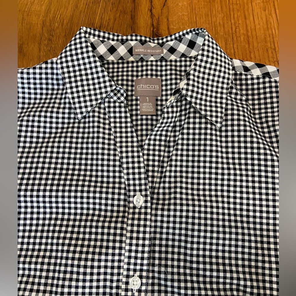 Chico’s Wrinkle Resistant 100% Cotton Fun Black and White Checked Top, Sz Medium - Picture 3 of 11
